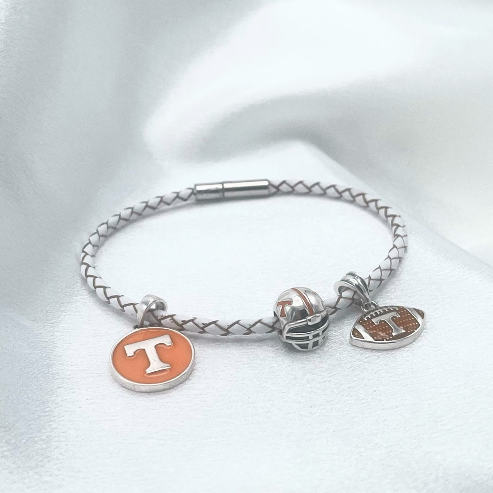 White Leather Braided Bolo Cord Bracelet with Tennesse Volunteers Charms